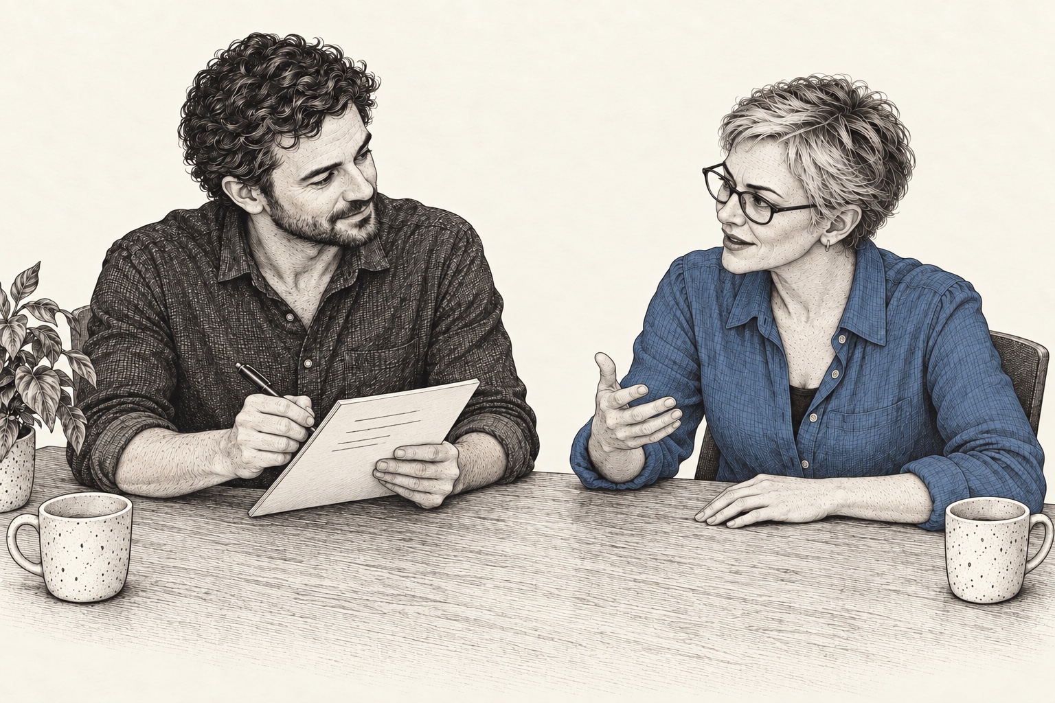 At a shared table, the idea owner holds the questions and takes notes while the silver-haired customer in a blue shirt talks about her experience.