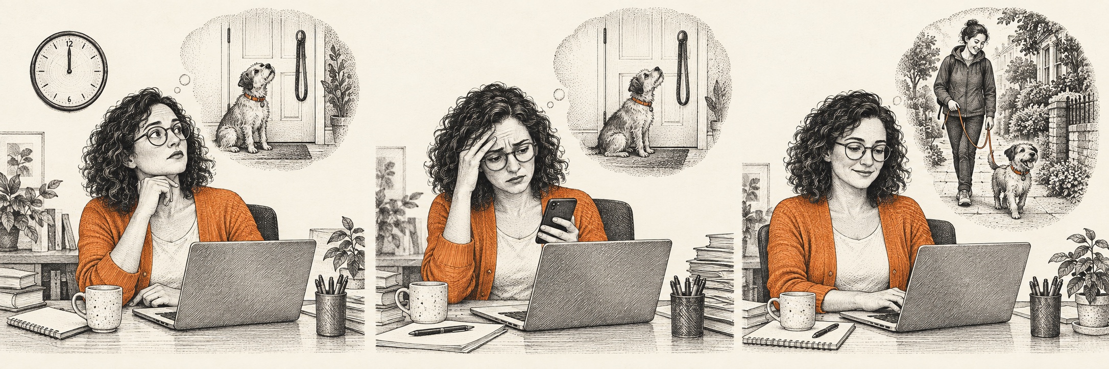 Maya, our fictional dog owner, with curly hair, round glasses and an orange cardigan.